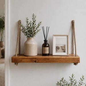 Puede incluir: Estantería rústica de madera suspendida por gruesas cuerdas, con un jarrón beige con vegetación, un frasco difusor de vidrio marrón y una foto de paisaje enmarcada. La estantería está montada en una pared blanca, creando una estética minimalista y natural. La estantería mide unos 60 cm de largo.