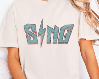Retro Rock Style Sing Shirt, Vintage Lightning Bolt Graphic Tee, Vocalist Apparel Choir Member Gift, 80s Aesthetic Musician Clothing