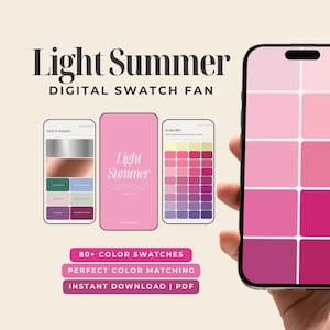 Puede incluir: Un teléfono inteligente muestra un abanico de muestras de color digital con varios tonos de rosa. El texto "Light Summer" y "Digital Swatch Fan" están en la parte superior. El texto adicional incluye "80+ Muestras de color", "Combinación de color perfecta" y "Descarga instantánea | PDF".