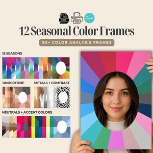 May include: A woman holds a colorful color analysis frame with a circular cutout. The frame displays a spectrum of colors, with text that reads "12 Seasonal Color Frames" and "80+ Color Analysis Frames". Additional graphics and text are also present.