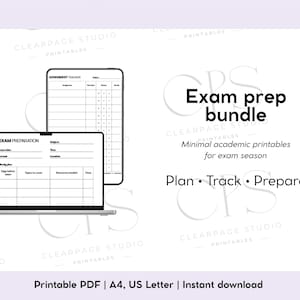 May include: A digital image in white, showcasing a laptop and a tablet with exam preparation templates. The text "Exam prep bundle" is displayed, with "Plan, Track, Prepare" below. The image is designed for academic use.