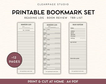 Printable Reading Log, Book Review, TBR List Bookmarks (A4 PDF)