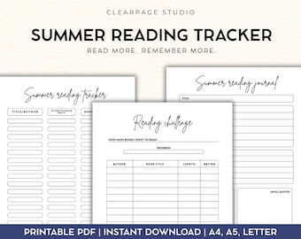 Summer Reading Tracker Printable | Minimalist Reading Journal, Challenge Pages (Digital Download)