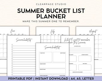 Summer Bucket List Planner Printable | Monthly Calendars + Reflection Page | A4 PDF Instant Download
