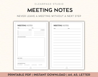 Minimalist Meeting Notes Template | Freelancer Client Call PDF (Instant Download)