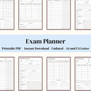 May include: A digital exam planner set featuring multiple printable PDF templates including Exam Preparation, Exams & Deadlines, Semester Dashboard, and Grade Tracker pages with structured tables, lines, and boxes for academic organization.