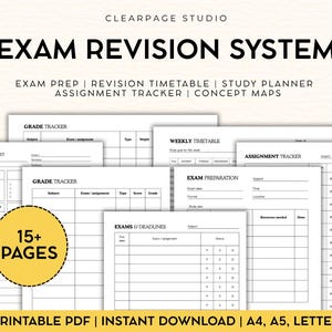Pode incluir: Um conjunto de páginas imprimíveis para um sistema de revisão de exames. As páginas incluem rastreadores de notas, horários semanais e rastreadores de tarefas. O texto inclui "Exam Revision System", "Exam Prep" e "15+ Pages". Disponível em A4, A5 e Letter.