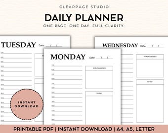 Daily Planner PDF Printable | Hourly Schedule Monday to Sunday | Instant Download | No Date | A4