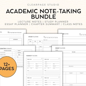 May include: A digital academic note-taking bundle from Clearpage Studio featuring various printable templates including lecture notes, study planner, essay planner, chapter summary, class notes, and subject tracker with a 12+ pages orange badge.