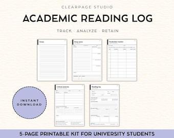 Academic Reading Log PDF | University Reading Tracker | Instant Download | A4 + US Letter