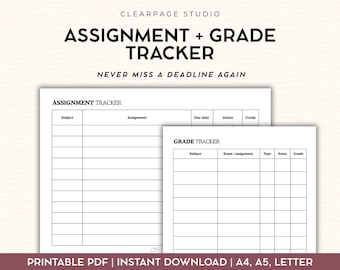 Assignment Tracker Printable | Grade Tracker PDF | Student University College Homework Planner | Instant Download