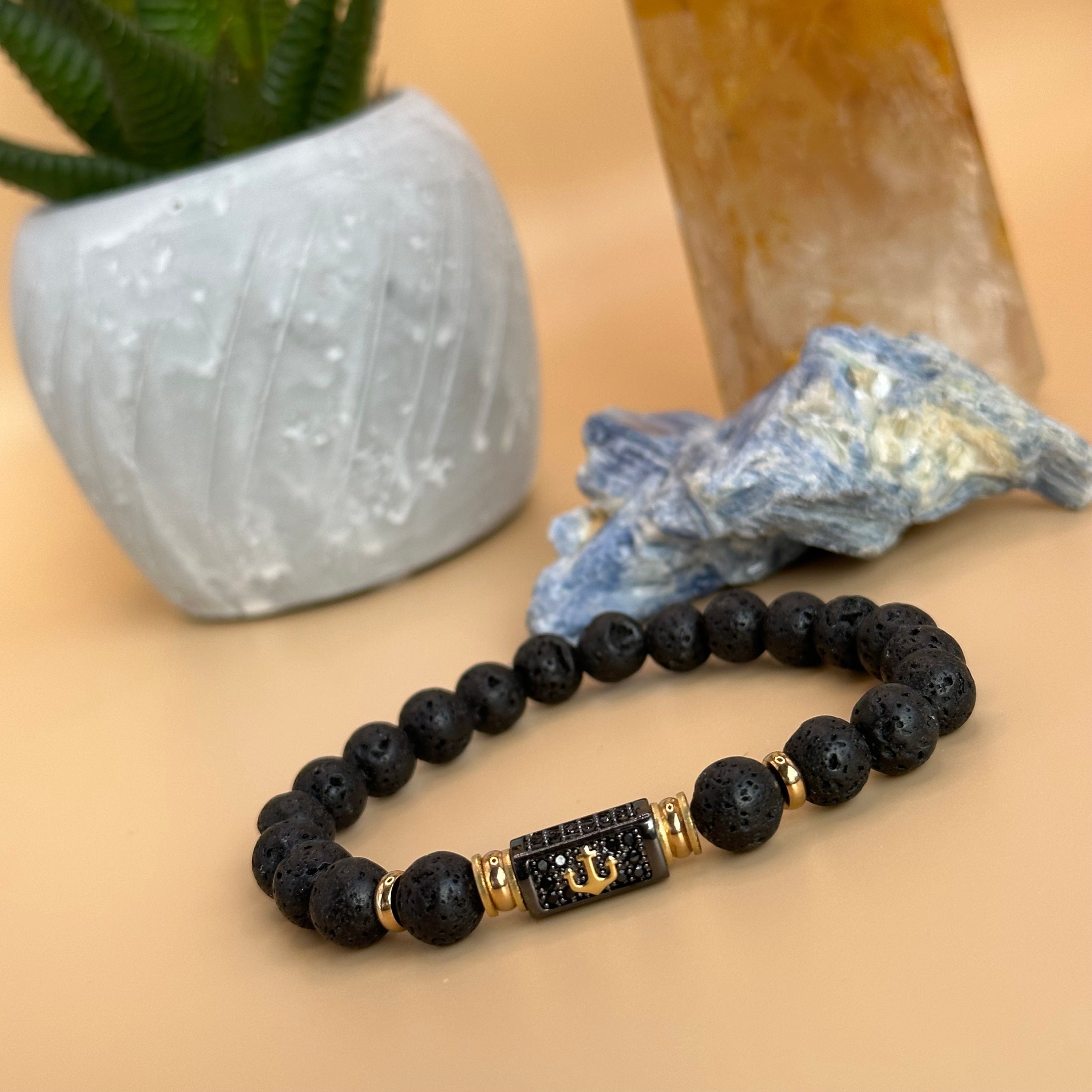 ★クール★Diesel Men's Stacked Black Lava Bead Bracelet Black Lava Natural Beaded Bracelet - Stackable, 8mm Beads