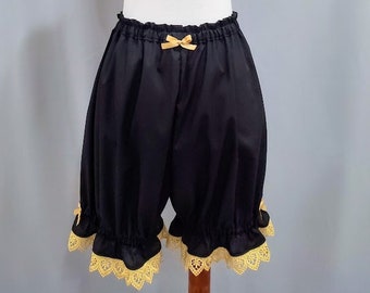 Womens Lolita Bloomers, Black with Gold Lace, Ruffle Shorts, "Golden Heart Bloomers"