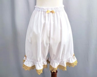 Womens Lolita Bloomers, White with Gold Lace, Ruffle Shorts, "Golden Heart Bloomers"