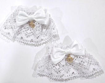 Lolita Wrist Cuffs, White Lace with White Bows