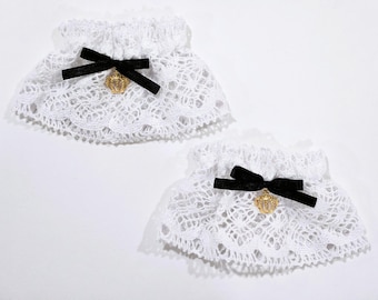 Lolita Wrist Cuffs, White Lace with Black Bows