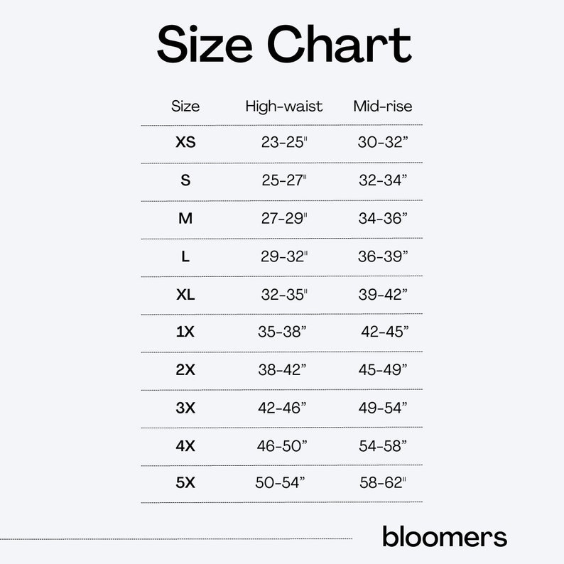May include: A size chart for bloomers, with measurements in inches. The chart includes sizes XS to 5X, detailing high-waist and mid-rise measurements. The text "Size Chart" is at the top, with the brand name "bloomers" at the bottom.
