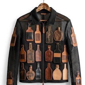 Peut inclure: Une veste zippée en maille noire ornée de nombreuses pièces en cuir en forme de bouteille dans des tons marron, beige et noir. La veste présente un col, des manches longues et une fermeture éclair frontale avec des appliqués en cuir.