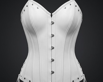 White Faux Leather Corset Top – Structured Waist Cincher Bustier with Busk Closure and Adjustable Side Lacing, Sleek Statement Corset.
