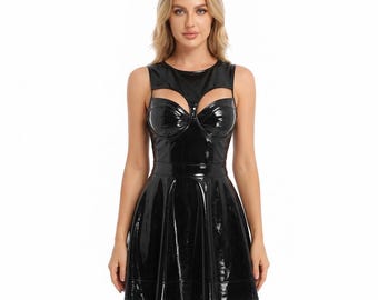 Black Glossy Mini Dress And Sleeveless Cutout Fashion Flared Party Dress Gift For Her