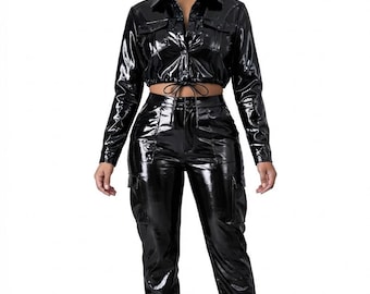 Black Wet Look Two Piece Set Womens PVC Crop Top Cargo Pants Faux Leather Utility Tracksuit Edgy Clubwear Outfit