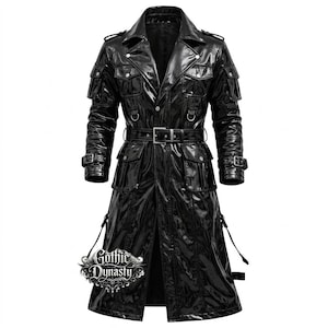 May include: A black, glossy, long leather coat with multiple pockets, a belt, and buckle closures. The coat has a classic trench coat design with a notched collar and epaulettes. The text "Gothic Dynasty" is visible at the bottom.