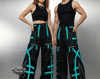 Pantalones anchos estilo cyber goth techwear, pantalones cargo alternativos unisex, estilo punk con correas, pierna ancha, estilo rave festival Streetwear, ropa gótica de color personalizado