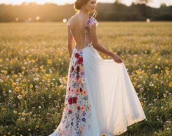 Vestido de novia bohemio, vestido de novia con bordado floral en 3D, vestido con espalda descubierta.