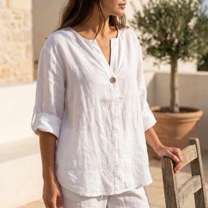 Linnen blouse met v-hals, oversized tuniektop met linnenlook, losvallend zomershirt voor dames, lichtgewicht casual linnen top