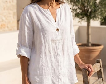 Blusa de lino con cuello en V, túnica extragrande con efecto lino, camisa holgada de verano para mujer, blusa ligera e informal de lino.