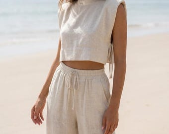 Ensemble 2 pièces en lin, ensemble pantalon et haut en lin, pantalon taille haute d'été ensemble deux pièces d'été tenue bohème en lin, ensemble d'été assorti