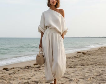 Linen 2 Piece Set, Linen Pants Set & Top, Boho Linen Outfit, High Waist Pant Summer Two Piece Set, Linen Coord Set Gift for Her