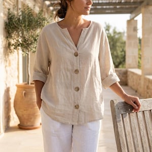 Leinenbluse Frauen, Leinen Tunika mit V-Ausschnitt, Loose Fit Leinen Shirt, Leichtes Leinen Sommer Top
