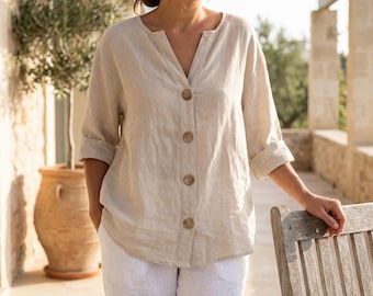 Linen Blouse Women, Linen Tunic V Neck, Loose Fit Linen Shirt, Lightweight Linen Summer Top