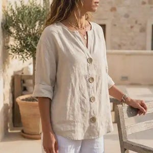 Bluzka lniana damska, tunika lniana z dekoltem w serek, luźna koszula lniana, lekki letni top lniany