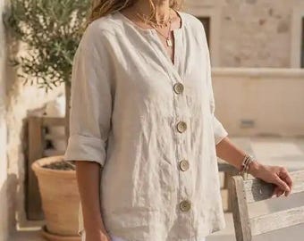 Linen Blouse Women, Linen Tunic V Neck, Loose Fit Linen Shirt, Lightweight Linen Summer Top