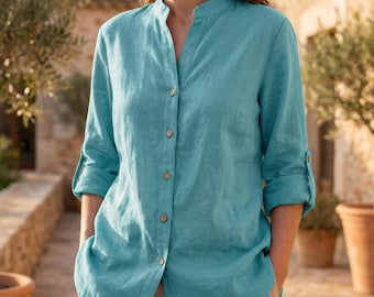 Linnen blouse dames, linnen tuniek met V-hals, linnen zomertop, ambachtelijke blouse, eenvoudige linnen top