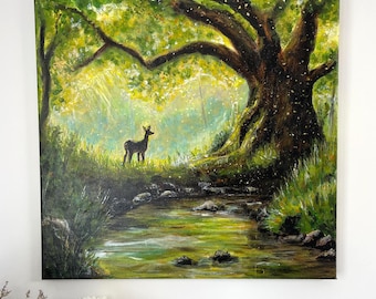 Magical Forest Deer Acrylic Painting | English Woodland Wall Art, Cozy Atmospheric Nature (50x50cm)
