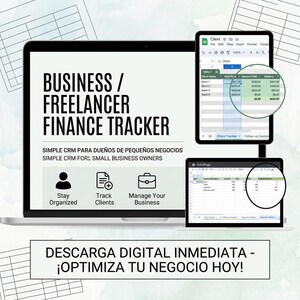 May include: A digital finance tracker for freelancers and small business owners. The image shows a laptop, tablet, and another laptop displaying financial spreadsheets. Text includes "Business/Freelancer Finance Tracker" and "Stay Organized, Track Clients, Manage Your Business."