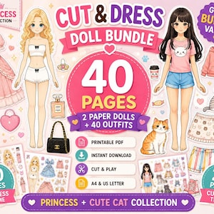 Pode incluir: Um conjunto digital de bonecas de papel para recortar e vestir, com duas bonecas, 40 roupas e acessórios como um vestido rosa, bolsas e gatos. O pacote contém 40 páginas no total, com arquivos PDF imprimíveis em tamanhos A4 e US Letter.