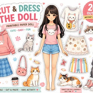 May include: A printable paper doll with various outfits and accessories, including a pink hoodie, blue skirt, and cat-themed tops. The image features the text "Cut & Dress The Doll" and "20+ Outfits Instant Download."