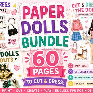 Puede incluir: Un paquete de muñecas de papel con 60 páginas de personajes y conjuntos imprimibles. El set incluye ilustraciones de dos muñecas, varias prendas, accesorios y gatos, con el texto Paper Dolls Bundle 60 Pages To Cut & Dress.