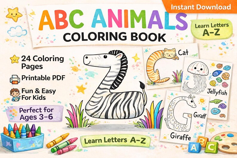 ABC Animals Coloring Book, Alphabet Learning Pages A-Z (printable PDF ...