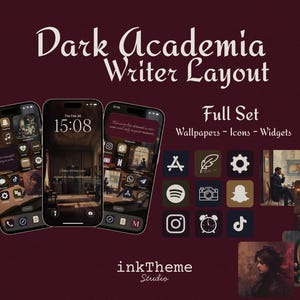 May include: A digital product set with a Dark Academia theme, showcasing three smartphones with custom wallpapers, icons, and widgets. The image includes the text "Dark Academia Writer Layout" and "Full Set: Wallpapers - Icons - Widgets."