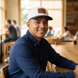 May include: A white and navy blue baseball cap with a brown leather patch that reads "Kind Living". The cap is worn by a person in a navy blue button-down shirt.