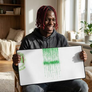 Op de afbeelding: Een witte rechthoekige muismat met een zwarte rand. De muismat heeft groene tekst met de tekst "the matrix" met een groen digitaal regenontwerp. Het woord "OUTLAW" is ook zichtbaar.