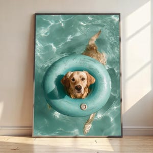 Arte de parede com Labrador em boia | Impressão de cachorro em boia de piscina | Pôster de cachorro visto de cima | Arte vintage de cachorro | Presente para amantes de cães