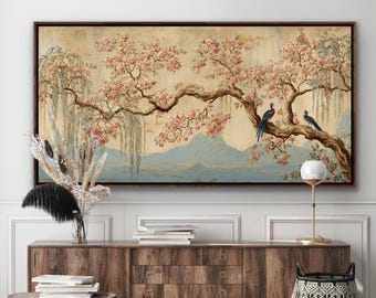 Cuadro de estilo chinoiserie: bonsái, pájaros, impresión en lienzo de pintura asiática.