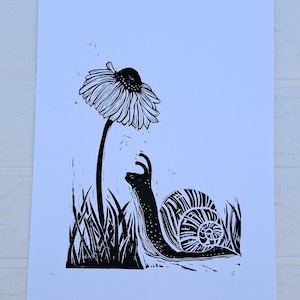 A4 original linocut print snail with daisy