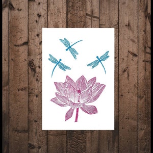 A4 original linocut print. Lotus blossom with dragonflies.